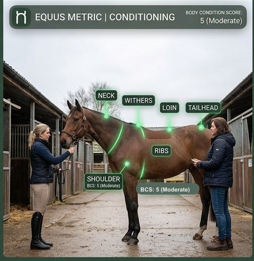 A rider and trainer assessing a horse's body condition score region by region in a stable aisle.