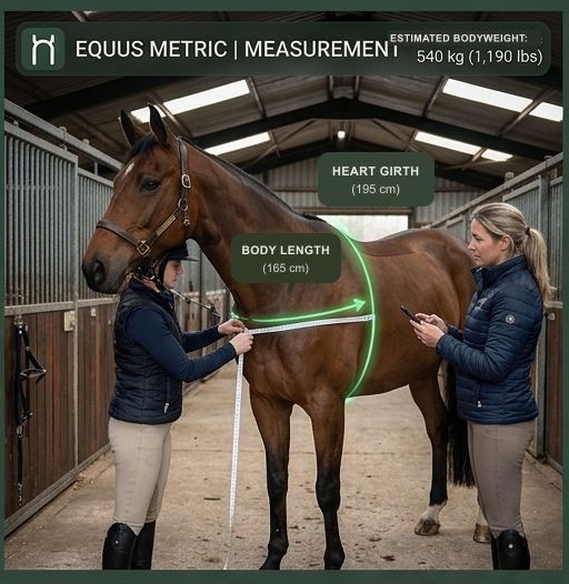 A rider measuring a horse's heart girth and body length with a tape measure in a stable aisle.