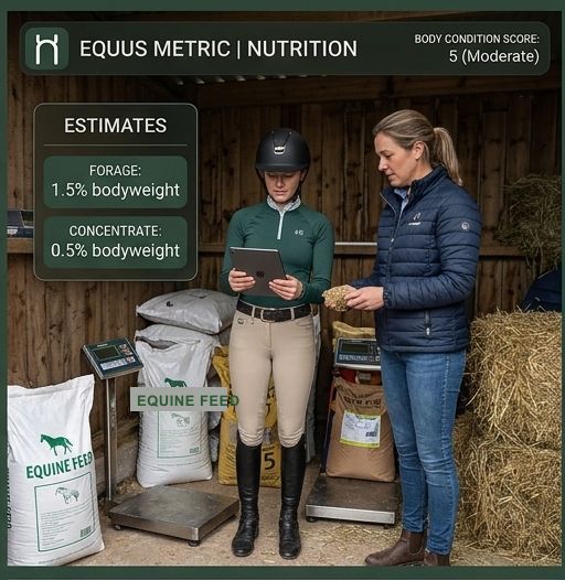 A rider weighing hay on a hanging scale next to bags of feed in a stable.